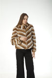 Real rex rabbit fur coat with stand collar chinchilla brown 2023 stripe - LVCOMEFF