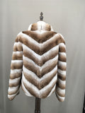 Real rex rabbit fur coat with stand collar chinchilla brown 2023 stripe - LVCOMEFF