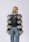 real sheep leather jacket short crop jacket with silver fox fur trimmig  free shipping