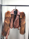 real sheep leather biker jacket short with long fox fur sleeve crop jacket free shipping