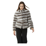 Real rex rabbit fur coat with stand collar chinchilla stripe 2023 winter purple - LVCOMEFF