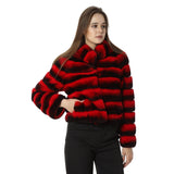 Real rex rabbit fur coat with stand collar chinchilla red stripe short crop top - LVCOMEFF