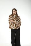 Real rex rabbit fur coat with stand collar chinchilla brown 2023 stripe - LVCOMEFF