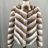Real rex rabbit fur coat with stand collar chinchilla brown 2023 stripe - LVCOMEFF