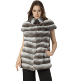 striped rex rabbit vest with short sleeves and stripes stand collar  chinchilla - LVCOMEFF