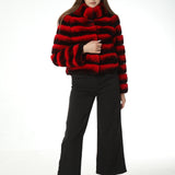 Real rex rabbit fur coat with stand collar chinchilla red stripe short crop top - LVCOMEFF