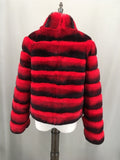 Real rex rabbit fur coat with stand collar chinchilla red stripe short crop top - LVCOMEFF