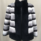 Contrasting colors striped rex rabbit fur lapel chinchilla coat with zipper - LVCOMEFF