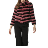 Real rex rabbit fur coat with stand collar chinchilla stripe 2023 winter purple - LVCOMEFF