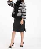 Contrasting colors striped rex rabbit fur lapel chinchilla coat with zipper - LVCOMEFF