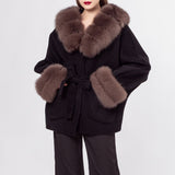 bat style wool coat with hat real fox fur trimming  and cuffs with belt 210732
