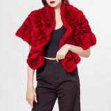 knitted rex rabbit fur shawl cape with rose flower falbala for dinner party - LVCOMEFF