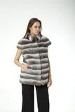 striped rex rabbit vest with short sleeves and stripes stand collar  chinchilla - LVCOMEFF