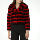 Real rex rabbit fur coat with lapel chinchilla 220606 red stripe 2023 crop top - LVCOMEFF