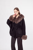 bat style wool coat with hat real fox fur trimming  and cuffs with belt 210732