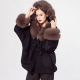 bat style wool coat with hat real fox fur trimming  and cuffs with belt 210732