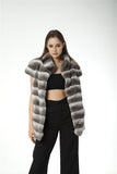 striped rex rabbit vest with short sleeves and stripes stand collar  chinchilla - LVCOMEFF