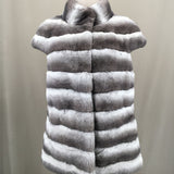 striped rex rabbit vest with short sleeves and stripes stand collar  chinchilla - LVCOMEFF