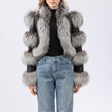 real sheep leather jacket short crop jacket with silver fox fur trimmig  free shipping