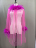 Women Ostrich Feather Sheer Mesh Pullover Top Oversized Long Sleeve T Shirt 2023 - LVCOMEFF