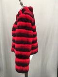 Real rex rabbit fur coat with stand collar chinchilla red stripe short crop top - LVCOMEFF