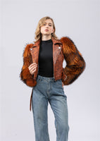 real sheep leather biker jacket short with long fox fur sleeve crop jacket free shipping