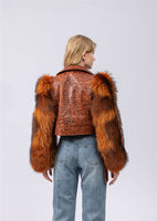 real sheep leather biker jacket short with long fox fur sleeve crop jacket free shipping