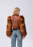 real sheep leather biker jacket short with long fox fur sleeve crop jacket free shipping