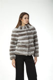 Real rex rabbit fur coat with stand collar chinchilla stripe 2023 winter purple - LVCOMEFF