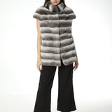 striped rex rabbit vest with short sleeves and stripes stand collar  chinchilla - LVCOMEFF