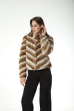 Real rex rabbit fur coat with stand collar chinchilla brown 2023 stripe - LVCOMEFF