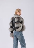 real sheep leather jacket short crop jacket with silver fox fur trimmig  free shipping
