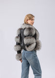 real sheep leather jacket short crop jacket with silver fox fur trimmig  free shipping