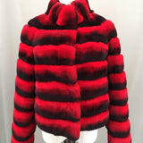 Real rex rabbit fur coat with stand collar chinchilla red stripe short crop top - LVCOMEFF