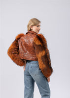 real sheep leather biker jacket short with long fox fur sleeve crop jacket free shipping