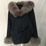 bat style wool coat with hat real fox fur trimming  and cuffs with belt 210732