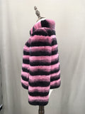 Real rex rabbit fur coat with stand collar chinchilla stripe 2023 winter purple - LVCOMEFF