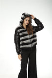 Real rex rabbit fur coat jacket with down sleeves and hat hood chinchilla - LVCOMEFF