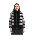 Contrasting colors striped rex rabbit fur lapel chinchilla coat with zipper - LVCOMEFF