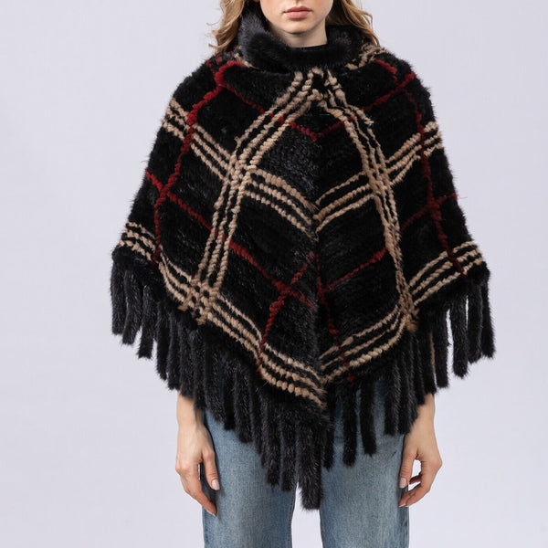 naturtal mink fur knitting poncho with tassels  pullover checked 2023 free shipping