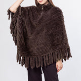 knitted mink fur poncho with tassel and zipper pullover 210718