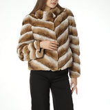 Real rex rabbit fur coat with stand collar chinchilla brown 2023 stripe - LVCOMEFF