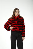 Real rex rabbit fur coat with stand collar chinchilla red stripe short crop top - LVCOMEFF