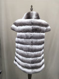 striped rex rabbit vest with short sleeves and stripes stand collar  chinchilla - LVCOMEFF