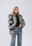 real sheep leather jacket short crop jacket with silver fox fur trimmig  free shipping