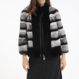 Contrasting colors striped rex rabbit fur lapel chinchilla coat with zipper - LVCOMEFF
