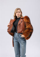 real sheep leather biker jacket short with long fox fur sleeve crop jacket free shipping