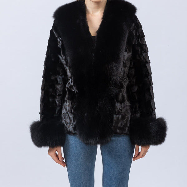 real splicing mink fur coat with fox fur collar front cuffs thick warm fur free shipping