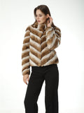 Real rex rabbit fur coat with stand collar chinchilla brown 2023 stripe - LVCOMEFF