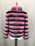 Real rex rabbit fur coat with stand collar chinchilla stripe 2023 winter purple - LVCOMEFF
